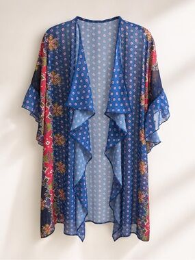 #116 Sheer Floral Kimono Dress - /Beach coverup Blue Multicolor